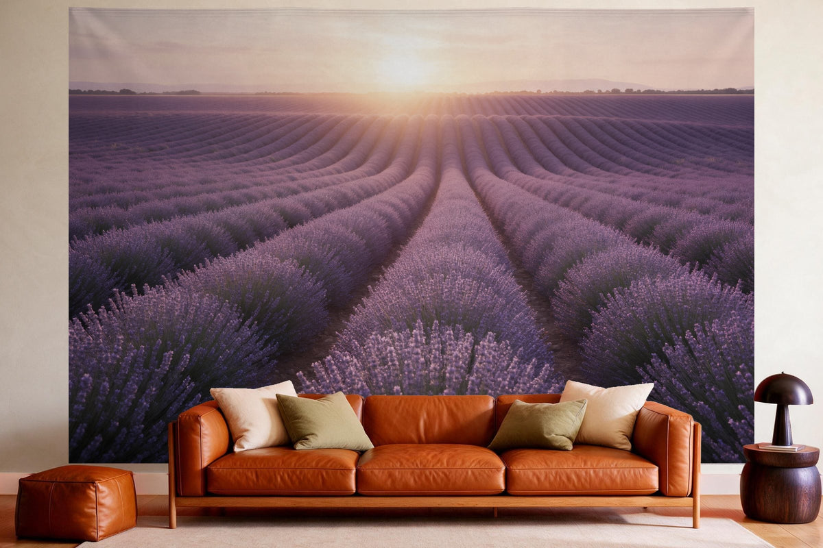 Wall decor in a cosy living room above the leather sofa: printed fabric tapestry Lavender Field in Evening Light