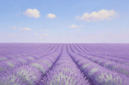 Campo de lavanda bajo nubes de verano con hileras violetas hasta el horizonte, tapiz impreso en tela – violeta y azul