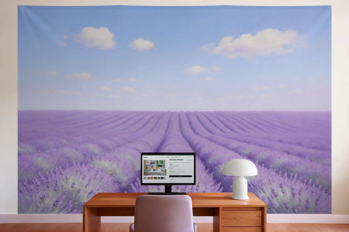 Wall decor in a home office behind the desk: printed fabric tapestry Lavender Field under Summer Clouds