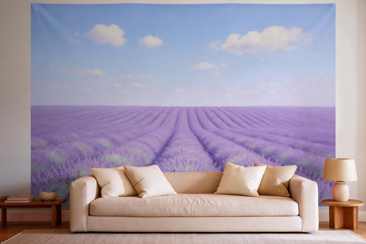 XXL wall tapestry Lavender Field under Summer Clouds as wall decor in a bright living room above the sofa