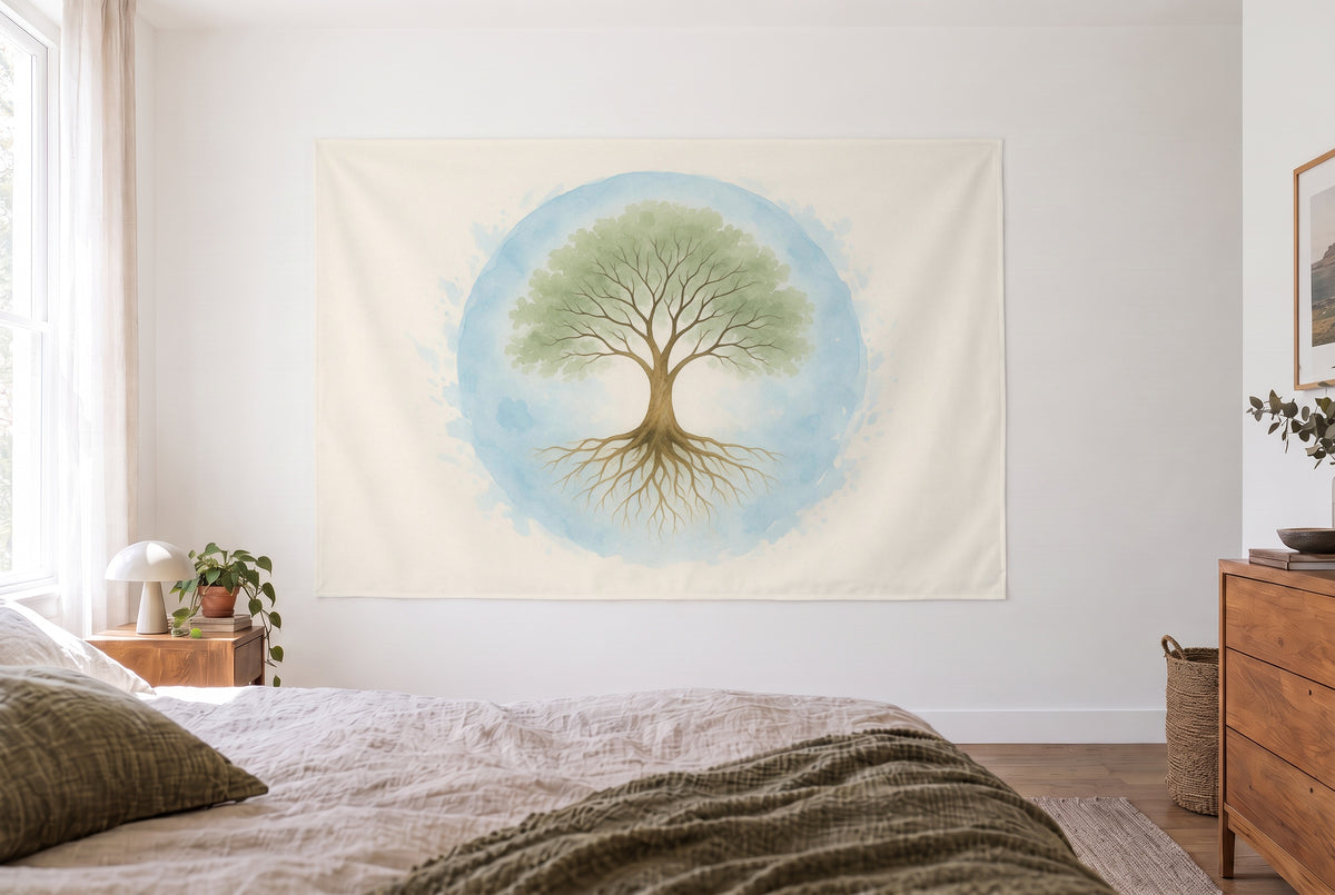 Tapiz árbol de la vida en un círculo en dormitorio claro frente a la cama, cómoda de madera a la derecha – verde y azul