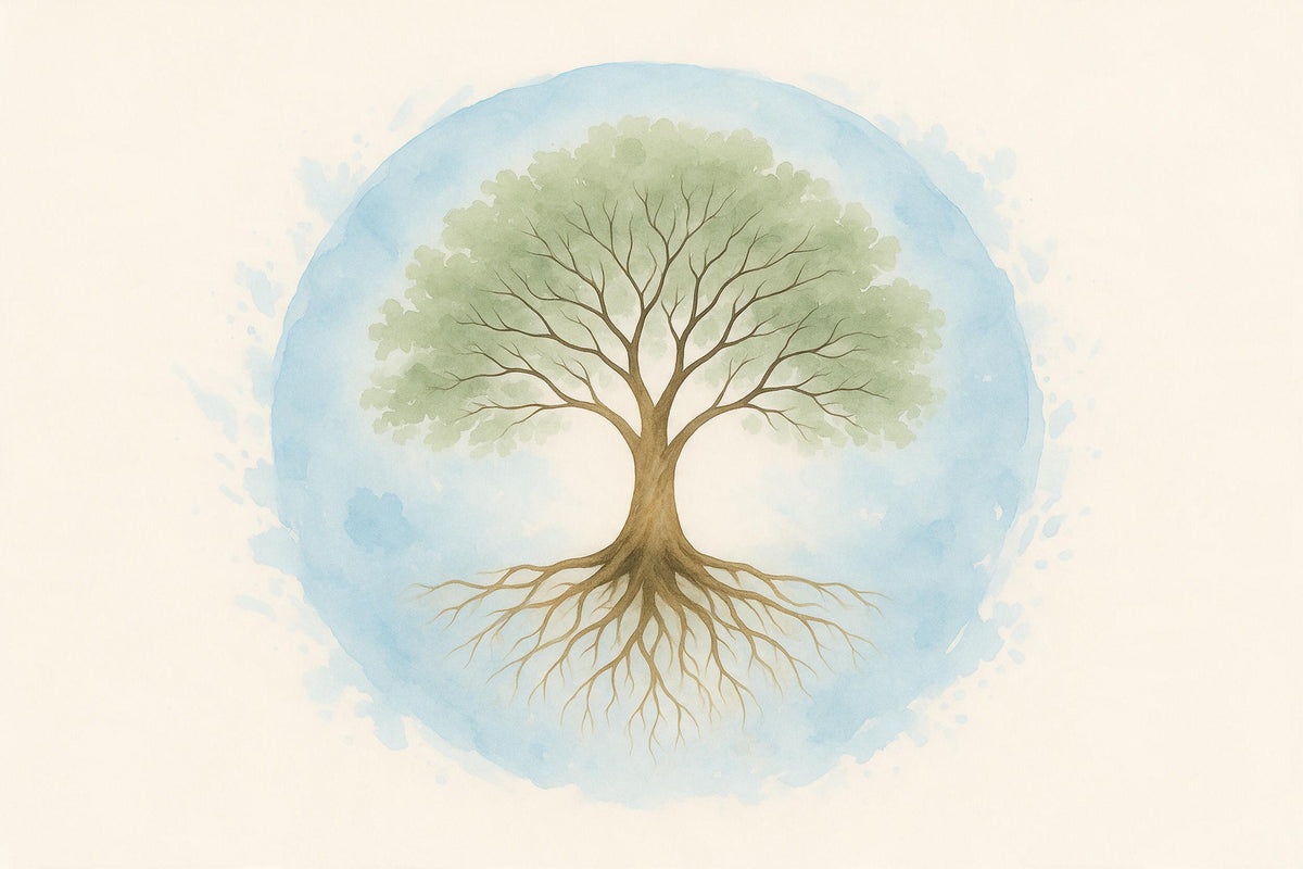 Árbol de la vida con copa verde y raíces en un círculo de acuarela azul cielo, tapiz impreso en tela – verde y azul