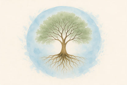 Árbol de la vida con copa verde y raíces en un círculo de acuarela azul cielo, tapiz impreso en tela – verde y azul