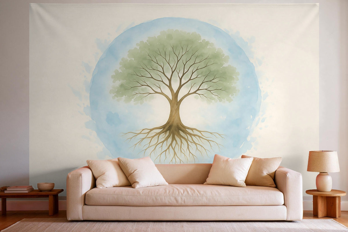 Decoración de pared en un salón luminoso sobre el sofá: tapiz de tela Árbol de la vida en un círculo