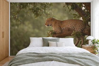 XXL printed fabric: leopard on the branch right of centre before softly blurred green, filling the wall behind the bed