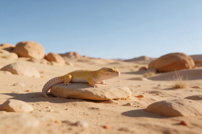 Leopardgecko mit gelb gepunkteter Haut auf hellem Sandstein in weiter Wüste, als Wandtuch, auf Stoff gedruckt – Gelb und Blau