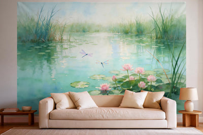 Wandtuch XXL Libellenteich mit Seerosen in Aquarell als Wanddeko im hellen Wohnzimmer über dem Sofa