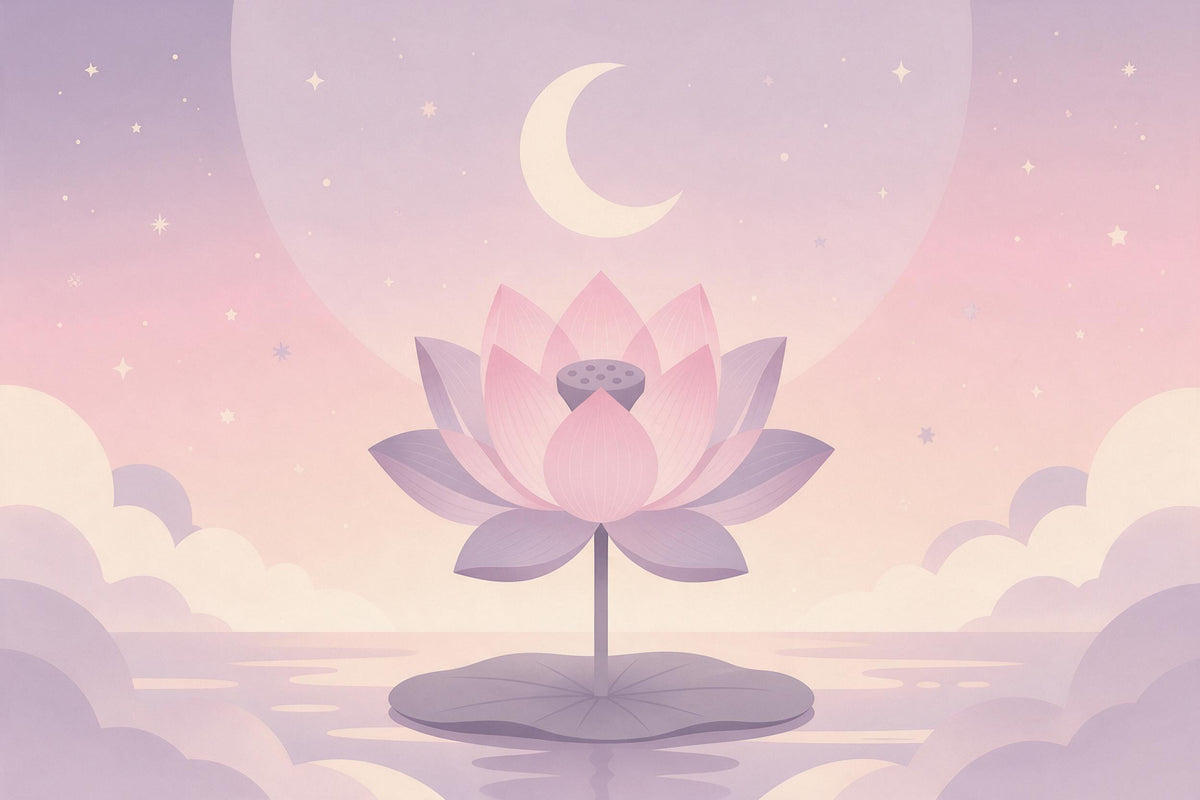 Loto rosa sobre una hoja bajo una luna creciente pálida y pequeñas estrellas, tapiz impreso en tela – lavanda y rosa