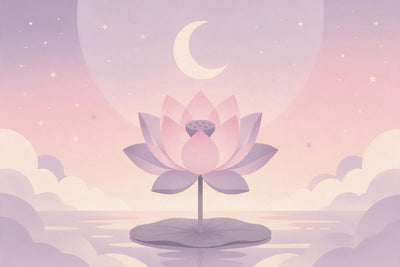 Loto rosa sobre una hoja bajo una luna creciente pálida y pequeñas estrellas, tapiz impreso en tela – lavanda y rosa