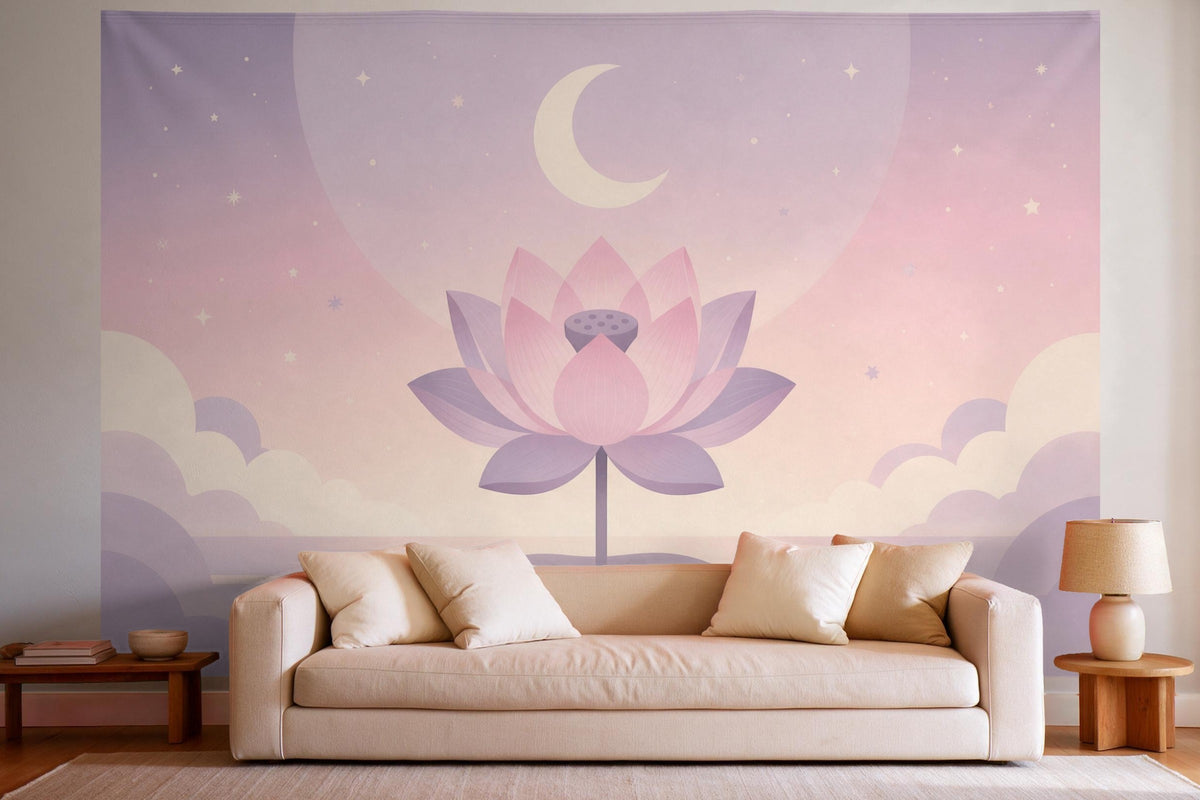 Decoración de pared en un salón luminoso sobre el sofá: tapiz de tela Loto y luna en pastel