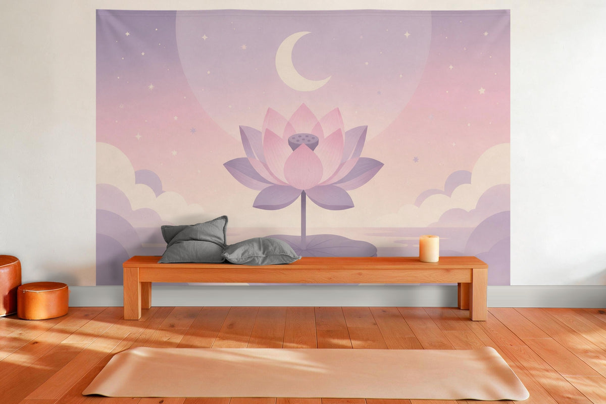Tapiz de pared XXL Loto y luna en pastel como decoración en una sala de yoga