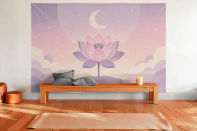 Tapiz de pared XXL Loto y luna en pastel como decoración en una sala de yoga