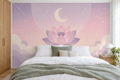 Tapiz de pared grande Loto y luna en pastel en el dormitorio, cubriendo la pared detrás de la cama – tela impresa