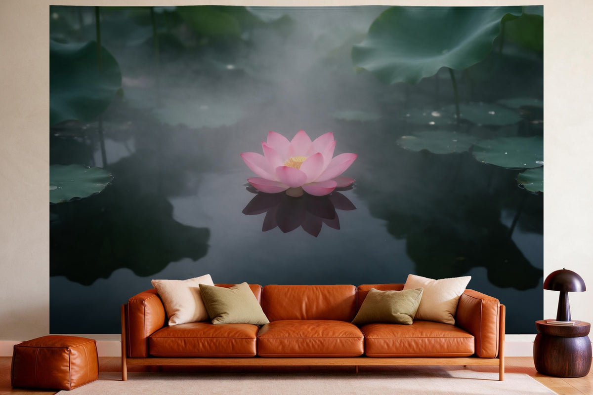 Déco murale dans un salon chaleureux au-dessus du canapé en cuir : tenture murale Fleur de lotus sur l'eau calme, imprimée sur tissu