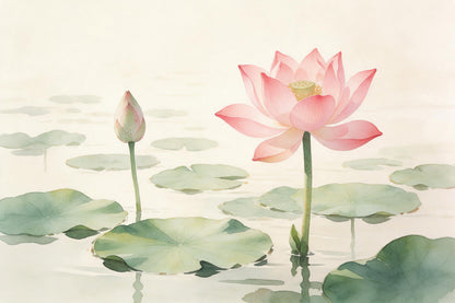 Rosa Lotusblüte rechts neben einer Knospe über ruhigem Wasser mit Blättern, als Wandtuch, auf Stoff gedruckt – Rosa und Grün
