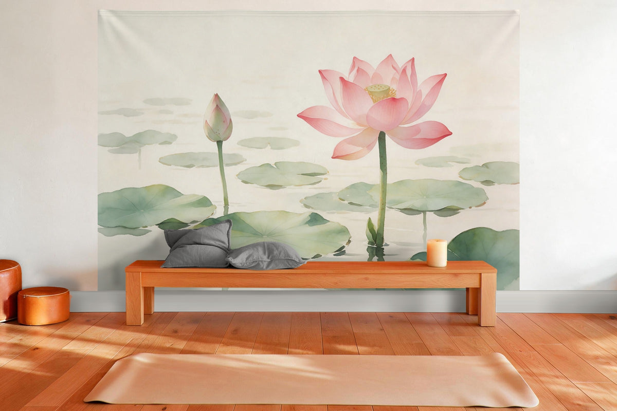 Wandtuch XXL Lotusblüte mit Knospe als Aquarell als Wanddeko im Yogaraum