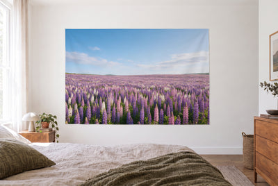 Tapiz campo de lupinos hasta el horizonte en un cuarto claro frente a la cama, cómoda de madera a la derecha – violeta y azul