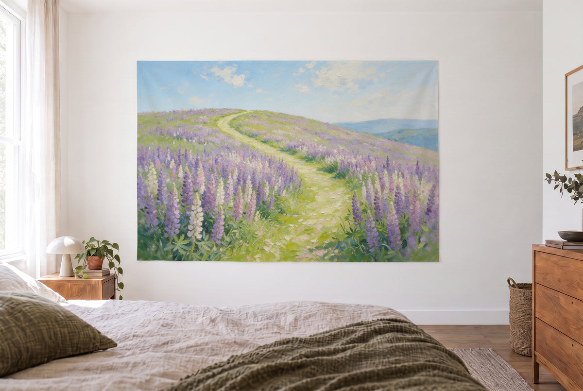 Lupin meadow oil painting tapestry in a bright bedroom opposite the bed, wooden dresser on the right – violet and lime green