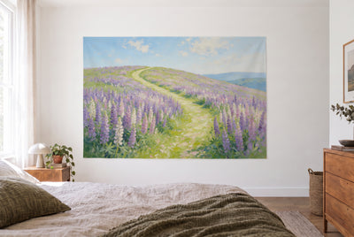 Lupin meadow oil painting tapestry in a bright bedroom opposite the bed, wooden dresser on the right – violet and lime green