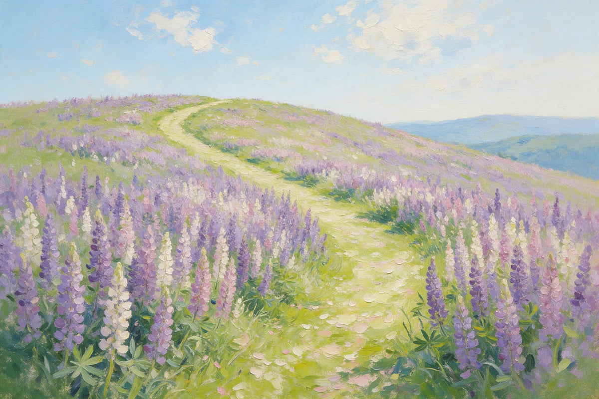 Lupin meadow with a narrow path as an impressionist oil painting, tapestry printed on fabric – violet and green