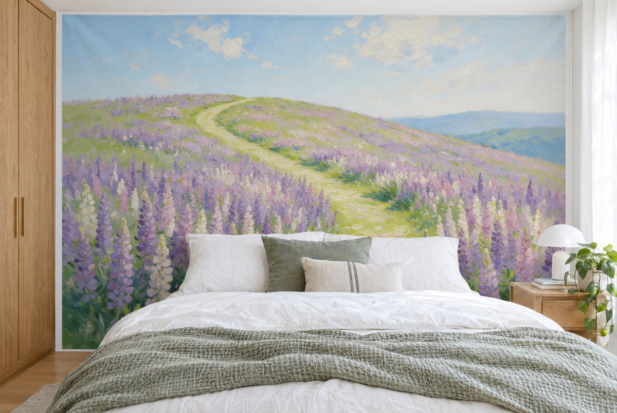 XXL printed fabric: path through violet lupins to the hilltop, summer sky above, filling the wall behind the bed
