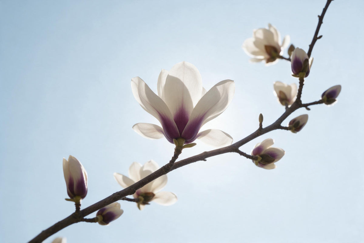 Magnolienzweig mit weissen Blüten und violettem Grund vor Eisblau, als Wandtuch, auf Stoff gedruckt