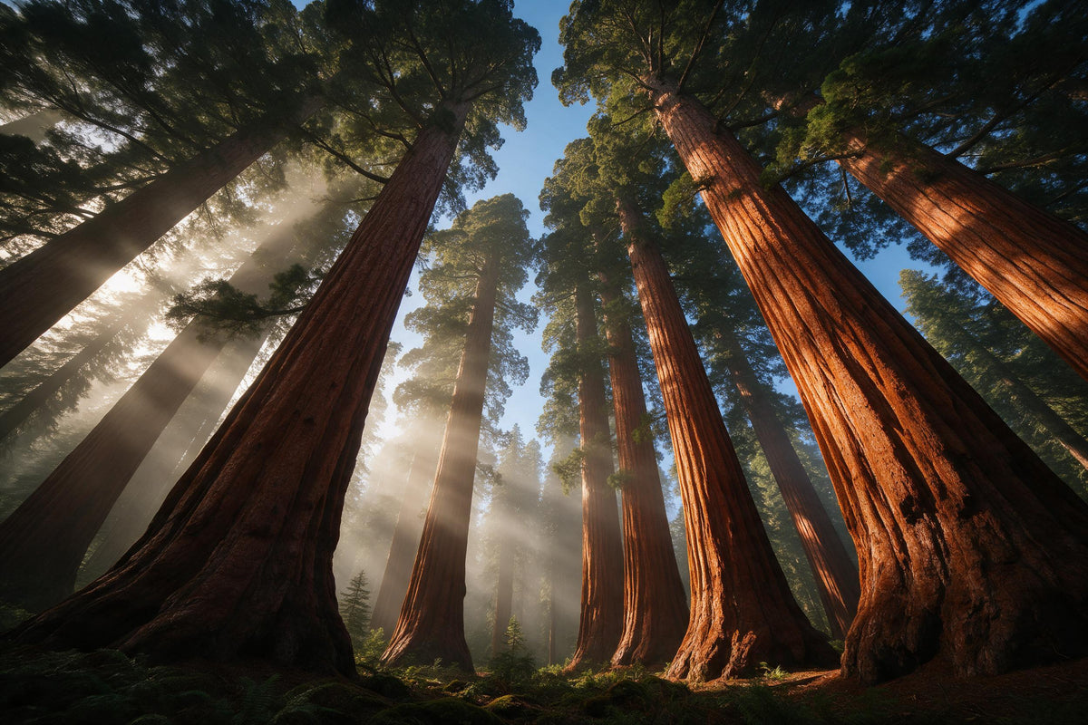 Sequoia trunks with rust-colored bark rising into green crowns in the mist, tapestry printed on fabric – brown and green