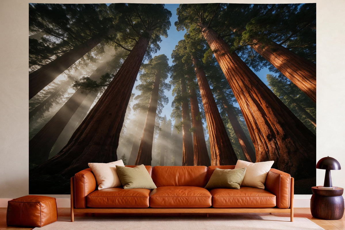 XXL wall tapestry Sequoia Crowns from Below as wall decor in a cosy living room above the leather sofa
