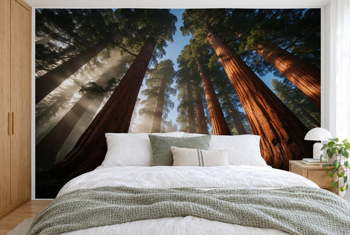 XXL printed fabric: rust-colored giant trunks at left and right, blue sky in the center, filling the wall behind the bed