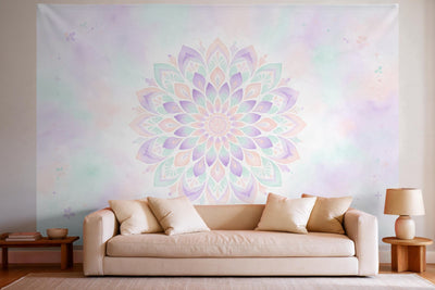 Wall decor in a bright living room above the sofa: printed fabric tapestry Flower Mandala in Pastel