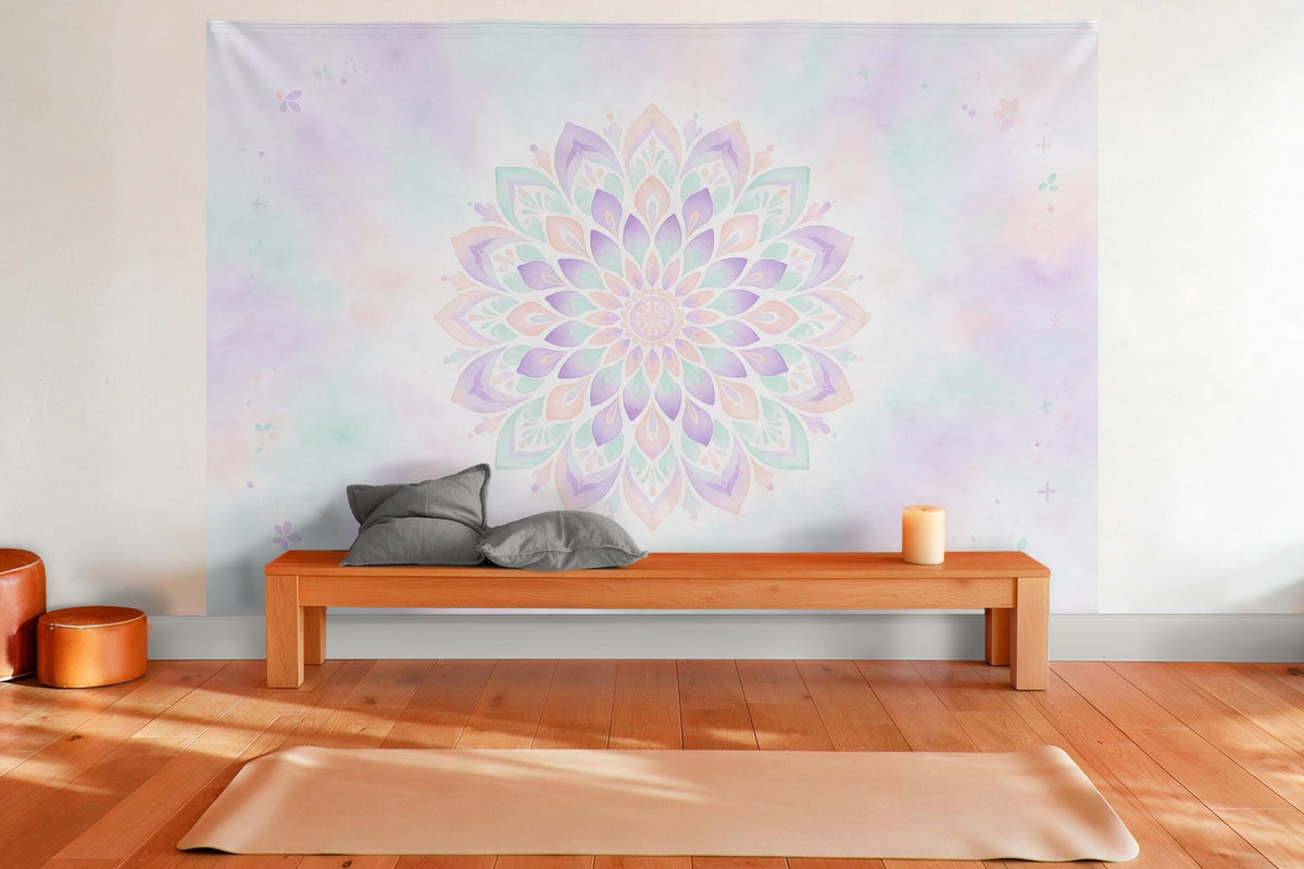 XXL wall tapestry Flower Mandala in Pastel as wall decor in a yoga room