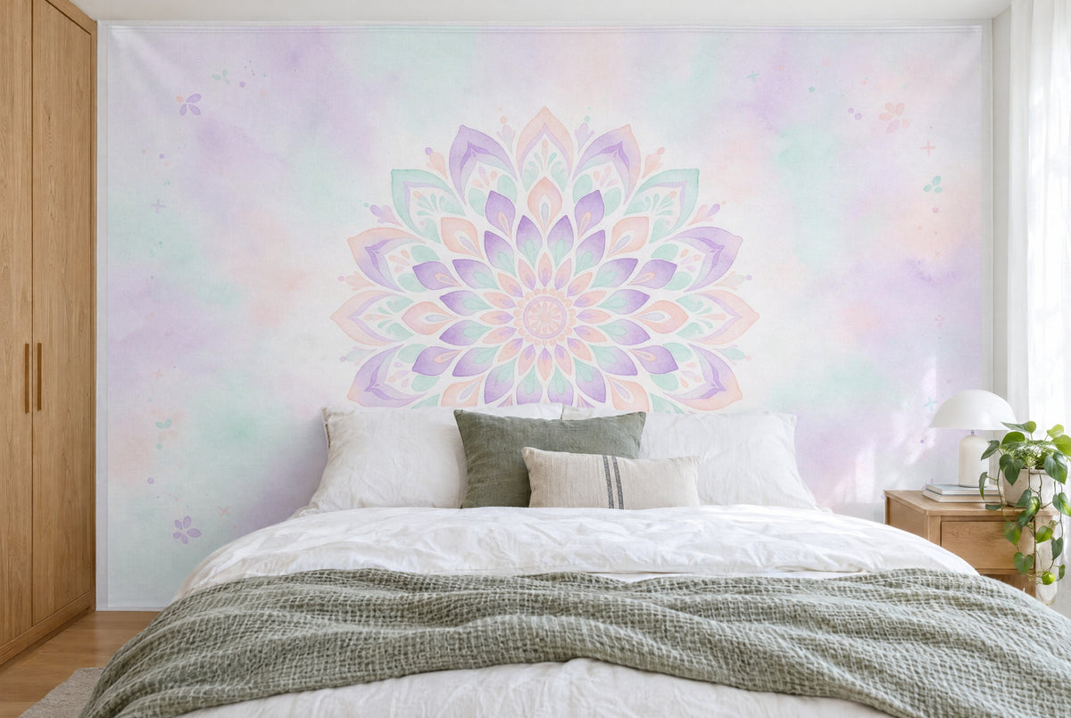 Large wall hanging Flower Mandala in Pastel in the bedroom, wall-filling behind the bed – printed tapestry