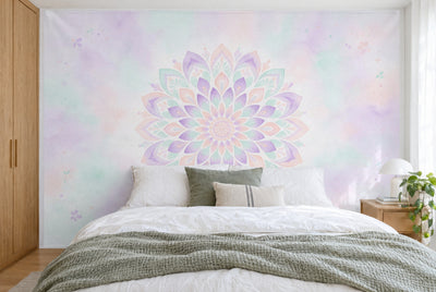 Large wall hanging Flower Mandala in Pastel in the bedroom, wall-filling behind the bed – printed tapestry