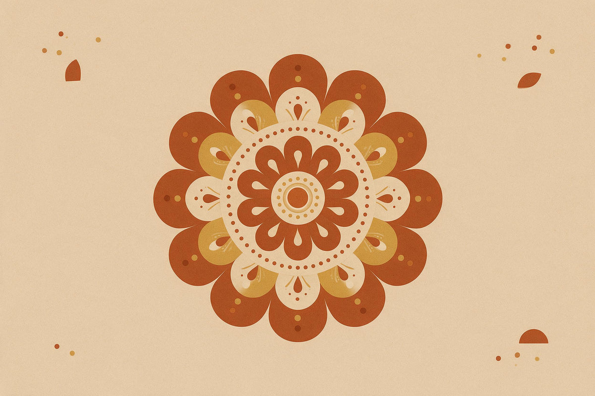 Mandala terracotta, sable et jaune moutarde aux pétales ronds et points, au centre, tenture murale imprimée sur tissu