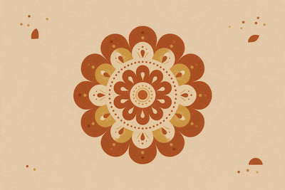 Mandala terracotta, sable et jaune moutarde aux pétales ronds et points, au centre, tenture murale imprimée sur tissu