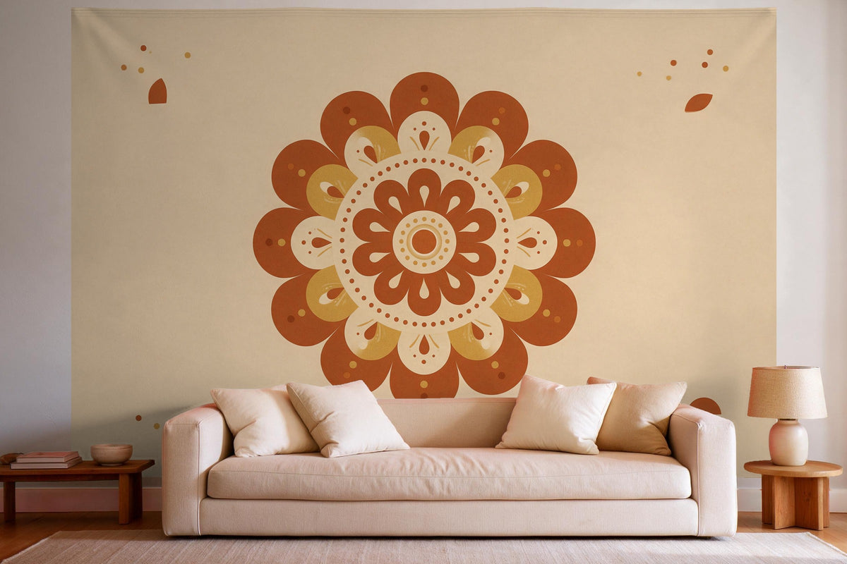 Déco murale dans un salon lumineux au-dessus du canapé : tenture murale Mandala bohème terracotta, imprimée sur tissu