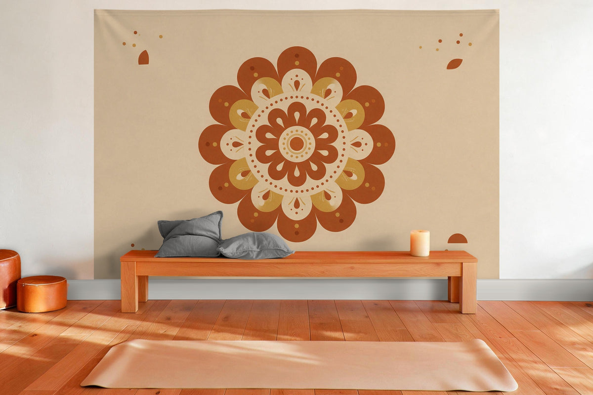 Tenture murale XXL Mandala bohème terracotta en déco murale dans une salle de yoga