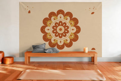 Tenture murale XXL Mandala bohème terracotta en déco murale dans une salle de yoga