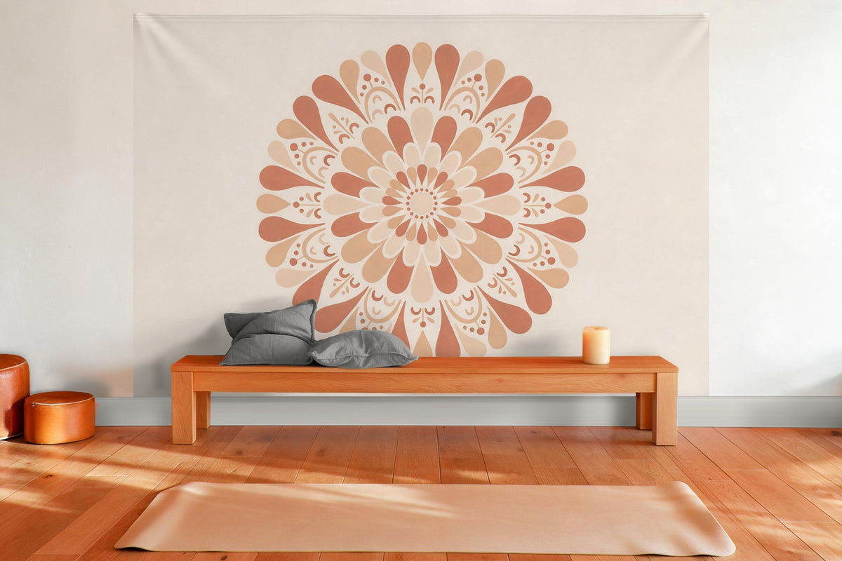 XXL wall tapestry Mandala in Earth Tones as wall decor in a yoga room