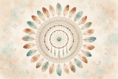 Mandala de plumes avec attrape-rêves et perles au centre sur beige, tenture murale imprimée sur tissu – marron et pétrole