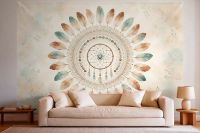 Déco murale dans un salon lumineux au-dessus du canapé : tenture murale Mandala de plumes aux tons terre, imprimée sur tissu