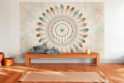 Tenture murale XXL Mandala de plumes aux tons terre en déco murale dans une salle de yoga