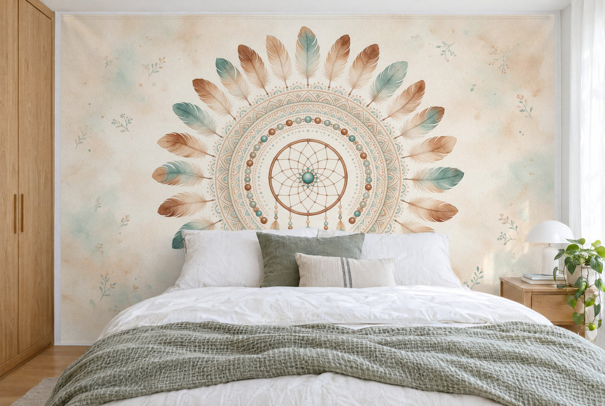 Grande tenture murale Mandala de plumes aux tons terre dans la chambre, sur tout le mur derrière le lit – tapisserie en tissu