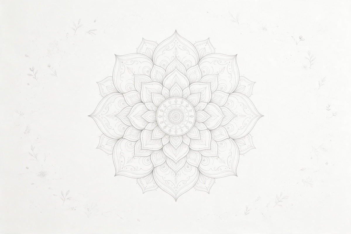 Mandala lotus aux pétales finement dessinés au centre sur blanc, tenture murale imprimée sur tissu – gris et blanc