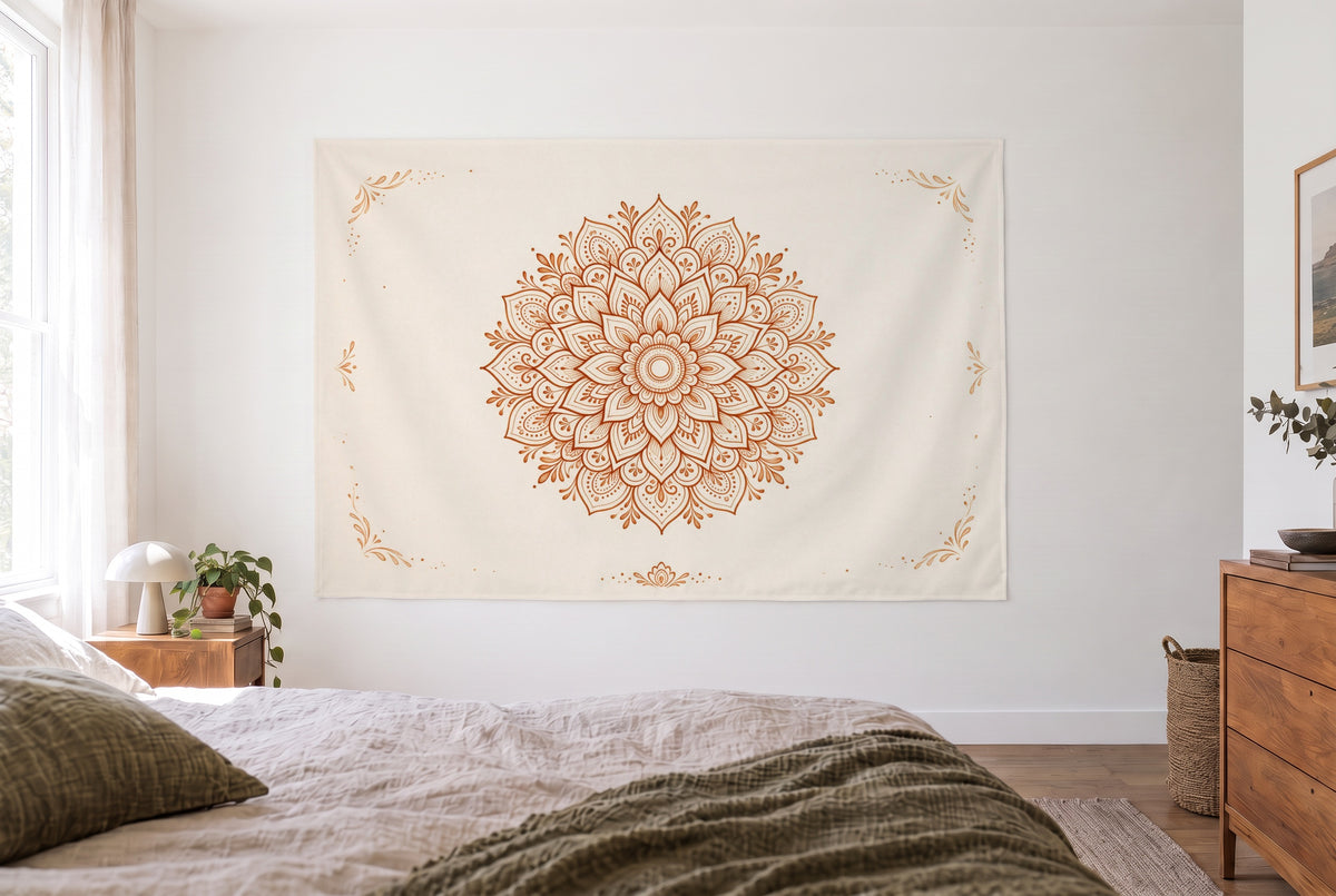Tenture mandala motif henné marron dans une chambre claire face au lit, une commode en bois à droite – beige