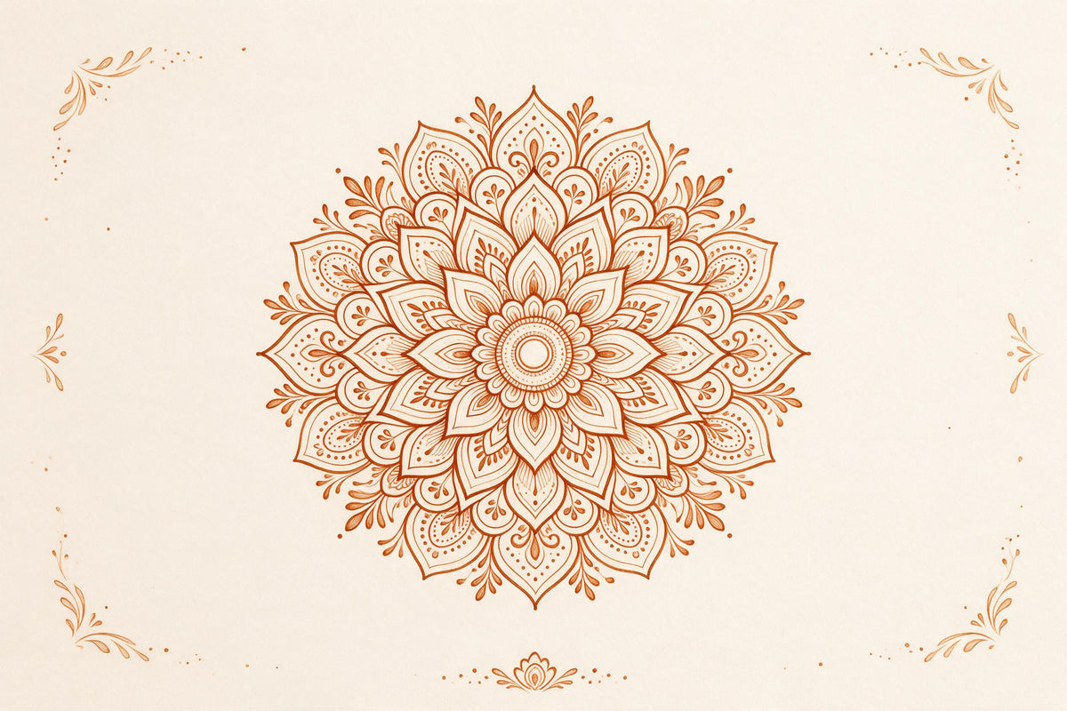 Mandala au style henné délicat au centre avec paisleys et pétales, tenture murale imprimée sur tissu – marron et beige
