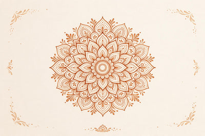 Mandala au style henné délicat au centre avec paisleys et pétales, tenture murale imprimée sur tissu – marron et beige