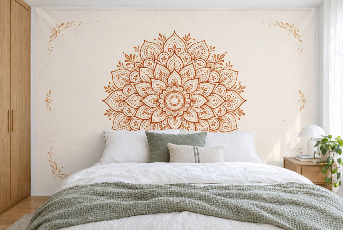 Grande tenture murale Mandala motif henné marron dans la chambre, sur tout le mur derrière le lit – tapisserie en tissu