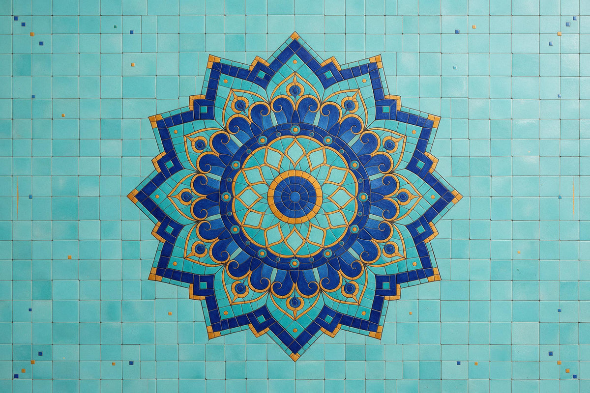 Mandala of small mosaic tiles in cobalt blue and ochre in the centre on turquoise tiles, tapestry printed on fabric