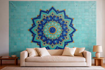 Wall decor in a bright living room above the sofa: printed fabric tapestry Mandala in Mosaic Look